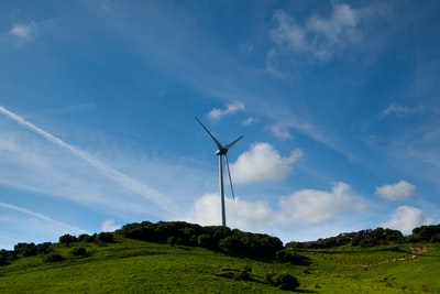 During the day on the green grass under the blue sky white clouds wind turbines
